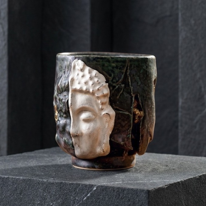 A profound moment of ritual as tea interacts with Eartivo "The Duality Insight"; the raw Rock-Mineral base meets the handcrafted gold icon, representing the "90% finished vessel"—completed by your presence and a smooth, tea-infused "patina".