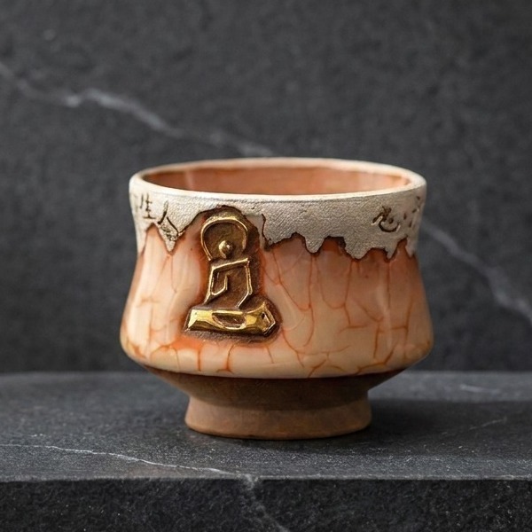 Front view of The Abstract Ascent Wabi-Sabi tea cup with a golden Buddha icon.