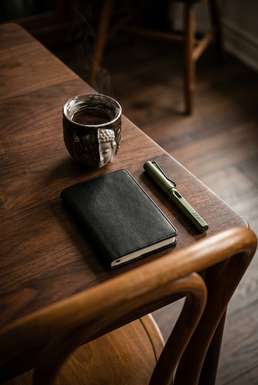 A handcrafted wood-fired ceramic teacup featuring a half-face Buddha relief, placed on a dark wooden table beside a black leather notebook and a fountain pen ready for daily reflection.