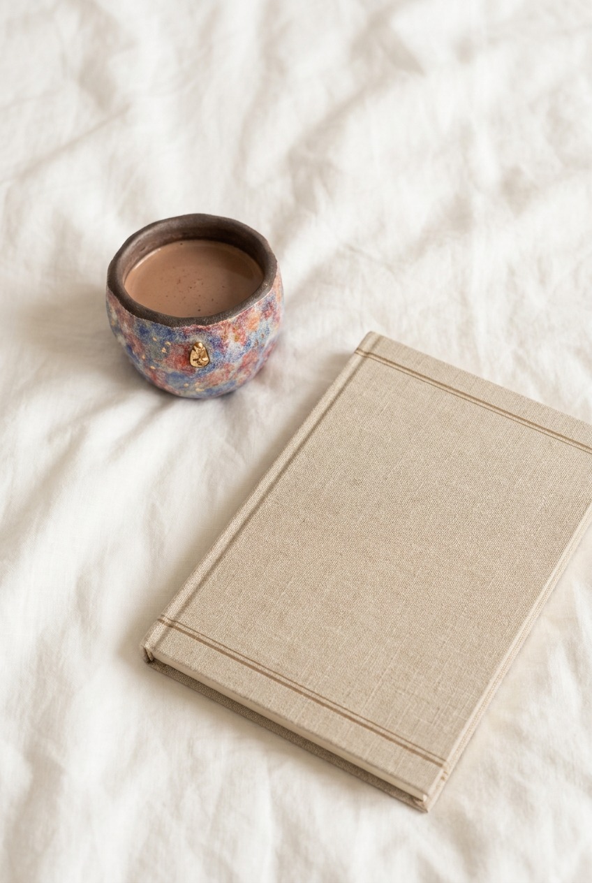 A cosmic mineral glazed stoneware teacup with a small gold relief, resting on a white linen bedspread beside a closed clothbound notebook, creating a serene setting for morning intention journaling.