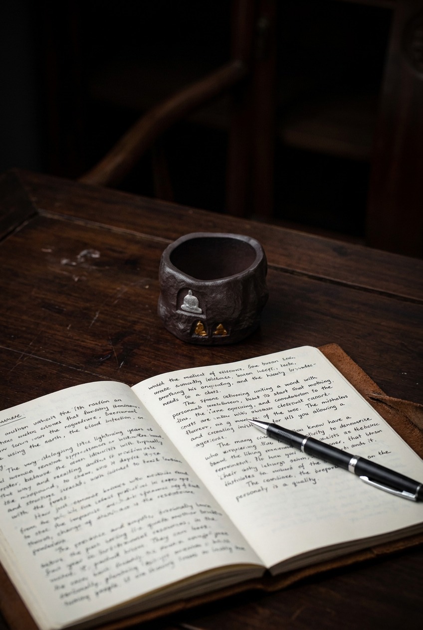 A dark rock mineral ceramic cup with a serene Buddha carving, set on a rustic wooden desk next to an open notebook filled with handwritten journal prompts for intention setting.
