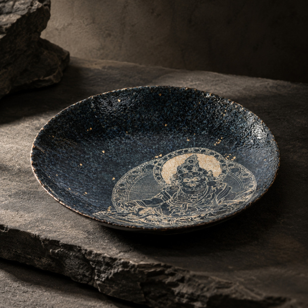 Angled studio view of the Midnight Deity ceramic dish, displaying its curved rim, glossy mineral-textured glaze, hand-applied gold leaf flecks, and embossed relief carving.