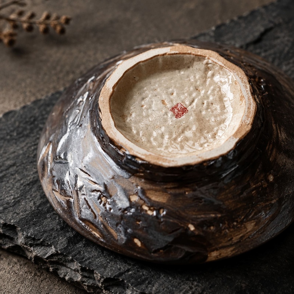 Close-up of the textured bottom and base foot of the Midnight Deity ceramic plate, featuring raw handcrafted clay ridges and an authentic artisan red stamp seal.