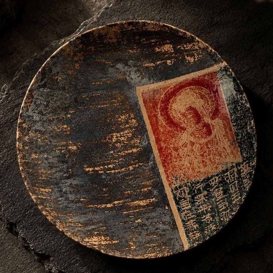 The Dharma & Ash handcrafted ceramic plate displays the distressed dark glaze texture, hand-painted red Buddha iconography, and sacred scripture script.