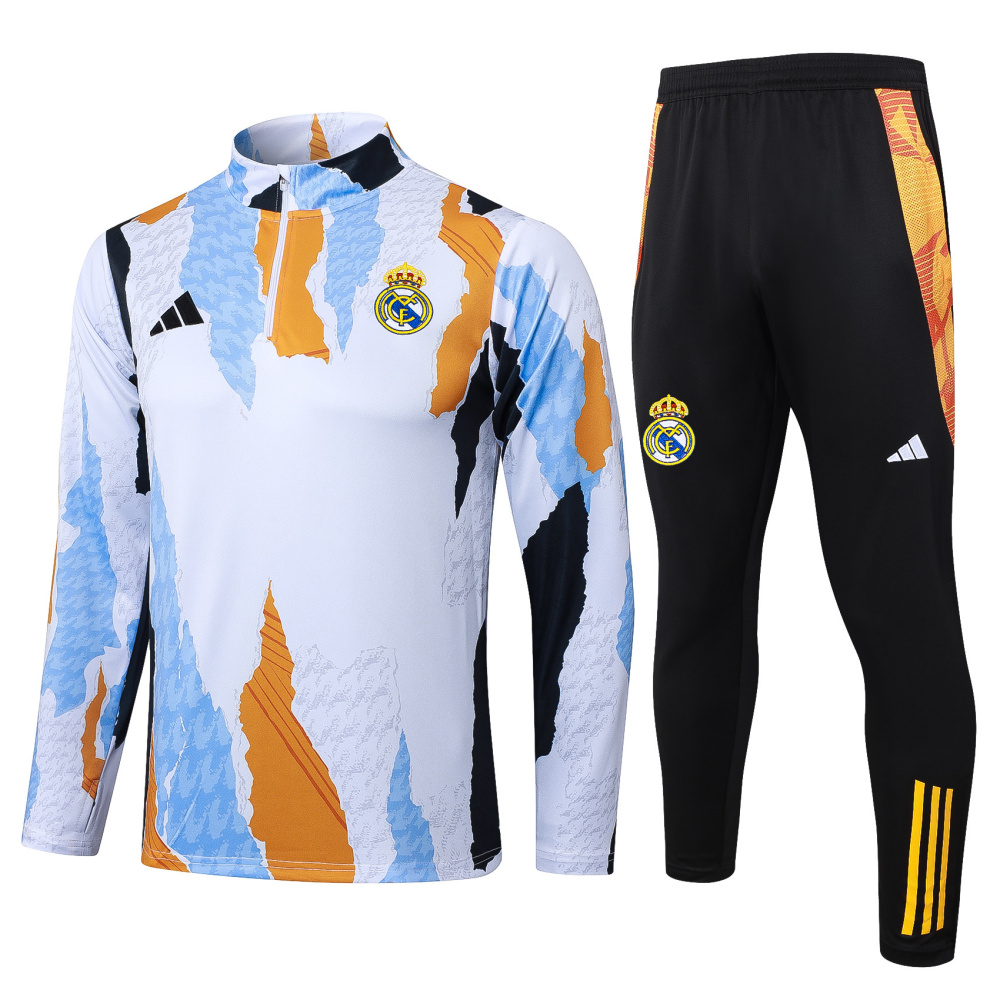 2025/2026 Real Madrid Blue, white and yellow inkjet printing Half-Pull Training Suit Football Shirt 1:1 Thai Quality Set