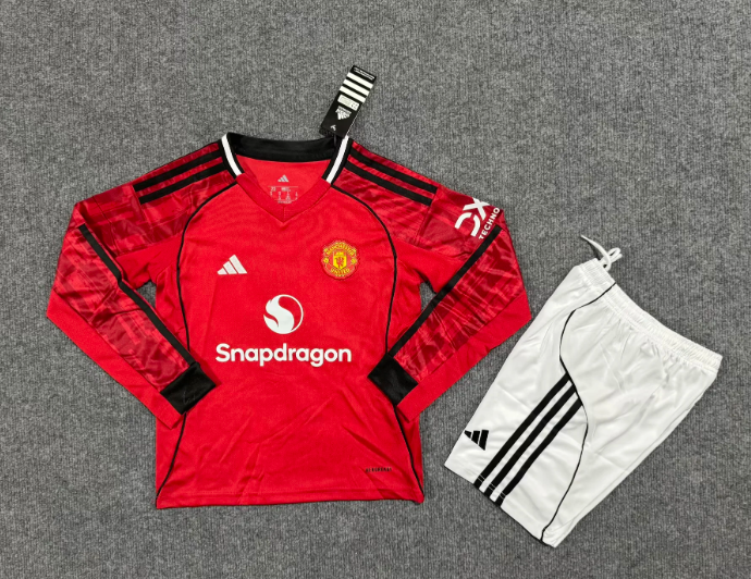 2025/2026 Long Sleeve Manchester United Home Football Jersey 1:1 Thai quality Kids Size