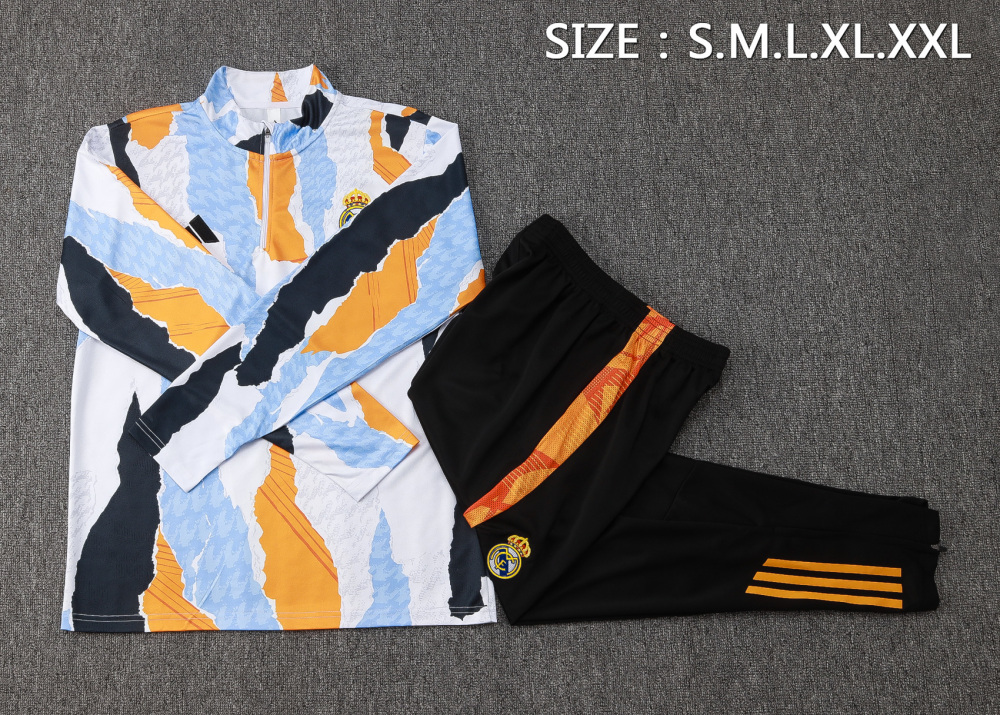 2025/2026 Real Madrid Blue, white and yellow inkjet printing Half-Pull Training Suit Football Shirt 1:1 Thai Quality Set