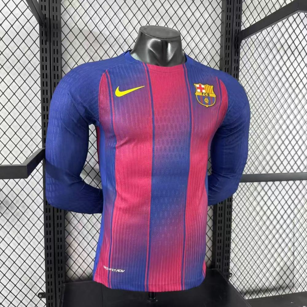 2025/2026 Long Sleeve Player Version Barcelona Home No Ads Football Jersey 1:1 Thai Quality