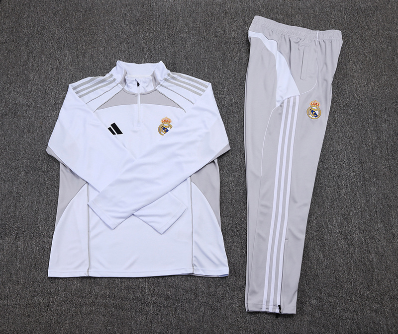 2025-2026 Real Madrid White Grey Half-Pull Training Suit Football Shirt 1:1 Thai Quality Set