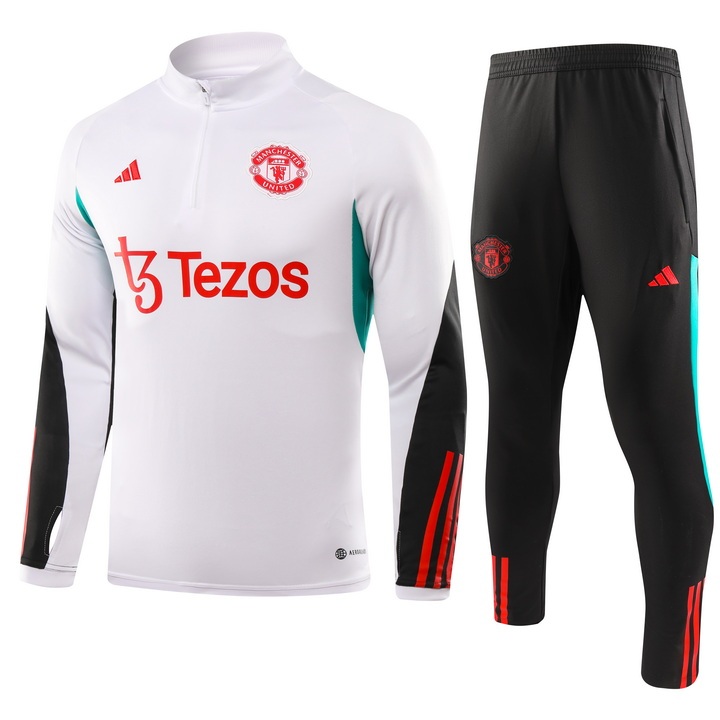 2023-2024 Manchester United Half-Pull Training Suit White Black Football Shirt 1:1 Thai Quality Set
