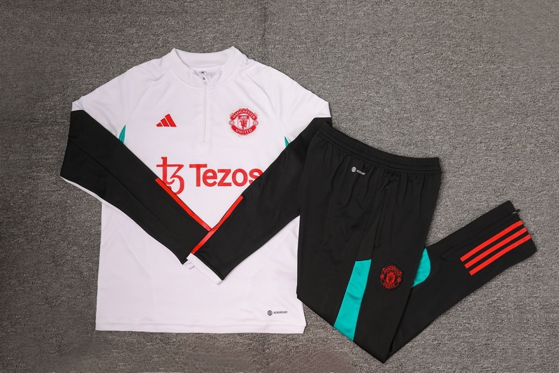 2023-2024 Manchester United Half-Pull Training Suit White Black Football Shirt 1:1 Thai Quality Set