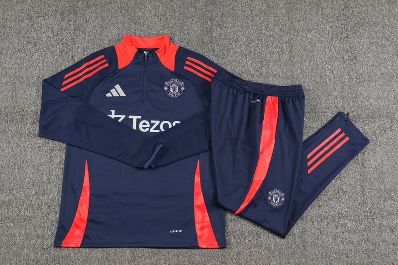 2024/2025 Manchester United Half-Pull Training Suit Royal blue red collar Football Shirt 1:1 Thai Quality Set