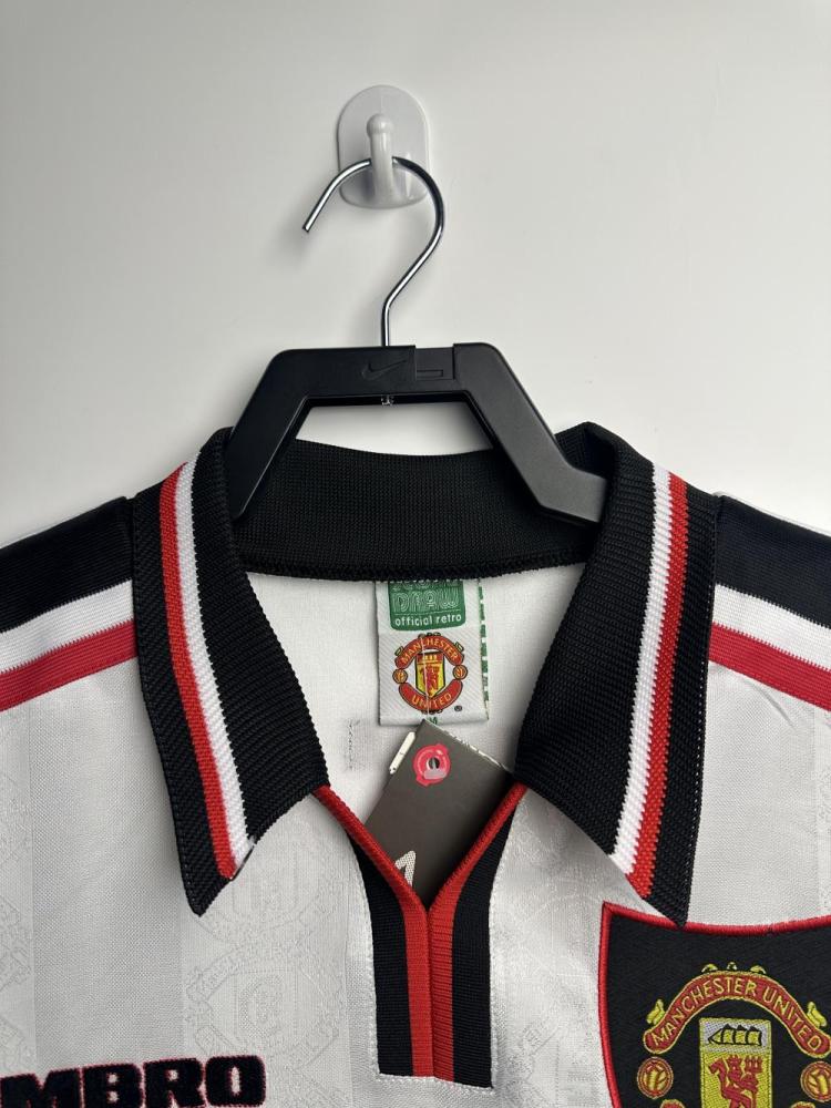 1998-1999 Retro Long Sleeve Manchester United Away White Football Shirt 1:1 Thai Quality