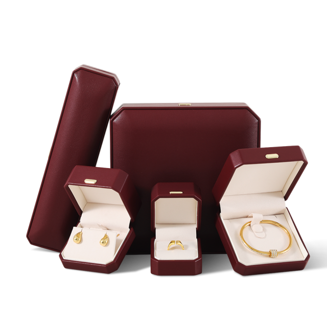 Yinbeini PU Leather Domed Octagonal Red Ring Box Necklace Gift Box Fashion Jewelry Storage Box H017