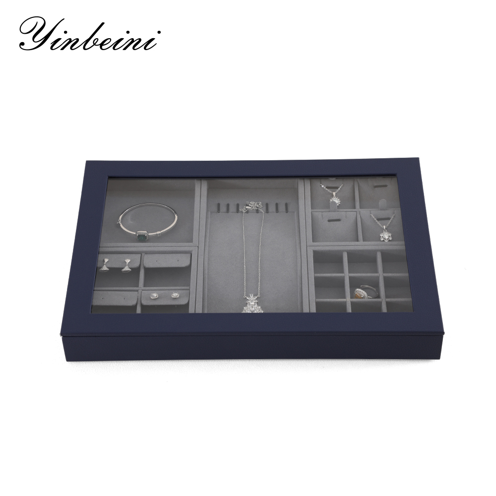 Yinbeini Ring Earring  Bracelet Necklace Display Case with Cover Tray Drawer Jewelry Storage Tray Microfiber Jewelry Organizer P013