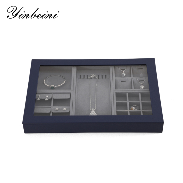 Yinbeini Ring Earring  Bracelet Necklace Display Case with Cover Tray Drawer Jewelry Storage Tray Microfiber Jewelry Organizer P013