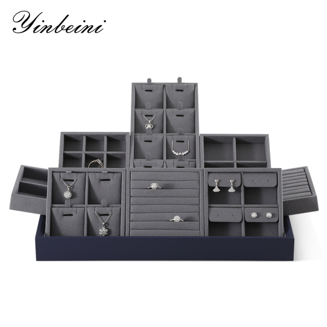 Yinbeini Ring Earring  Bracelet Necklace Display Case with Cover Tray Drawer Jewelry Storage Tray Microfiber Jewelry Organizer P013