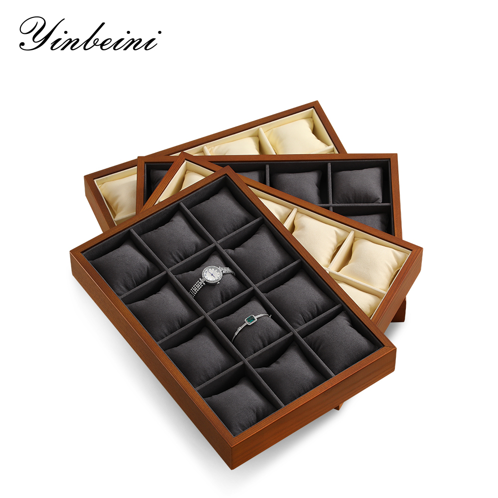 Yinbeini solid wood Fraxinus mandshurica watch tray watch box watch jewelry collection arrangement tray watch storage display tray12-grid pillow tray P003