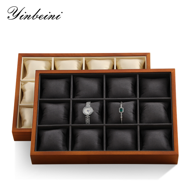 Yinbeini solid wood Fraxinus mandshurica watch tray watch box watch jewelry collection arrangement tray watch storage display tray12-grid pillow tray P003