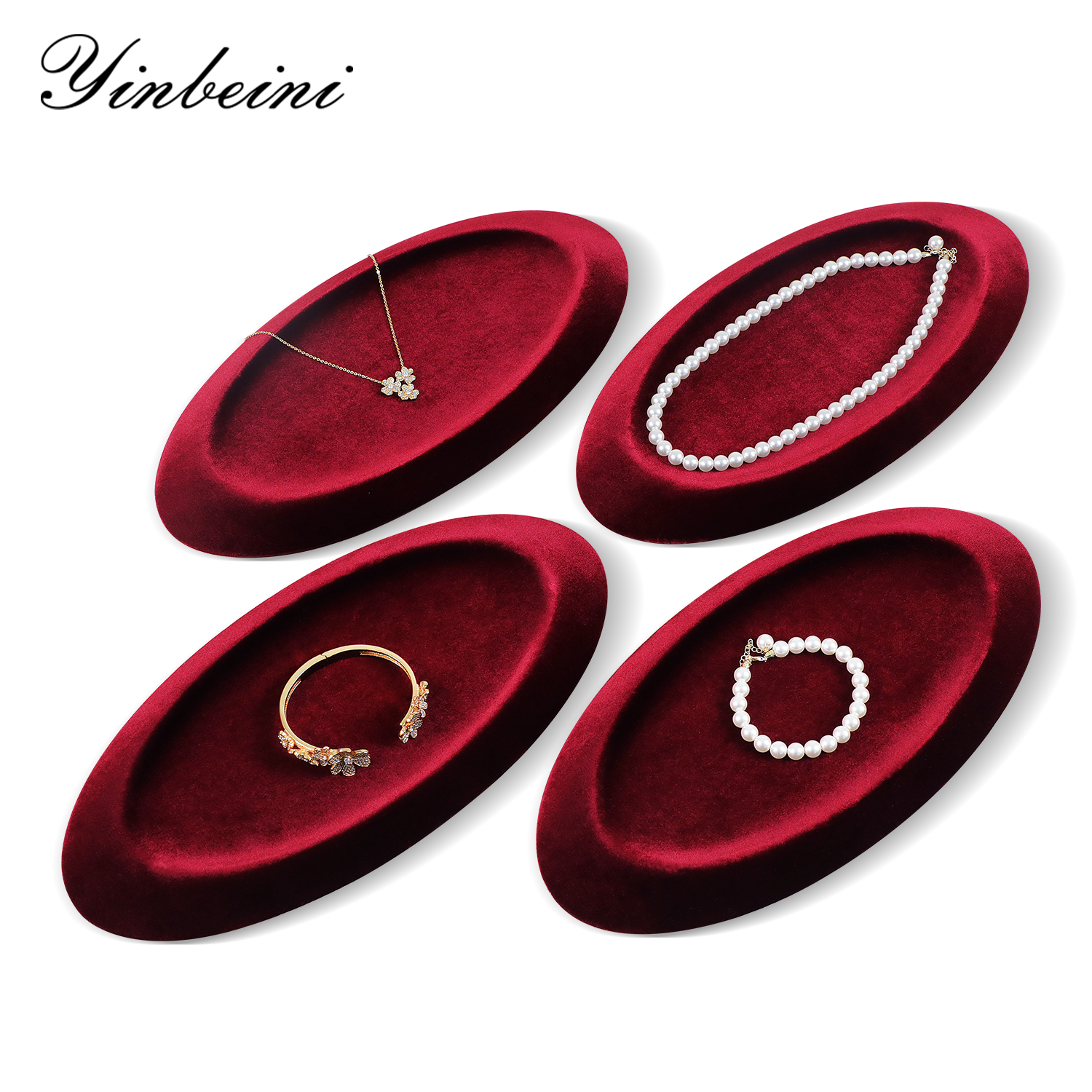 Yinbeini Velvet Material Outward-Sloping Oval Plate Display Tray For Pendants and Bracelets Jewelry Storage Display Tray P090