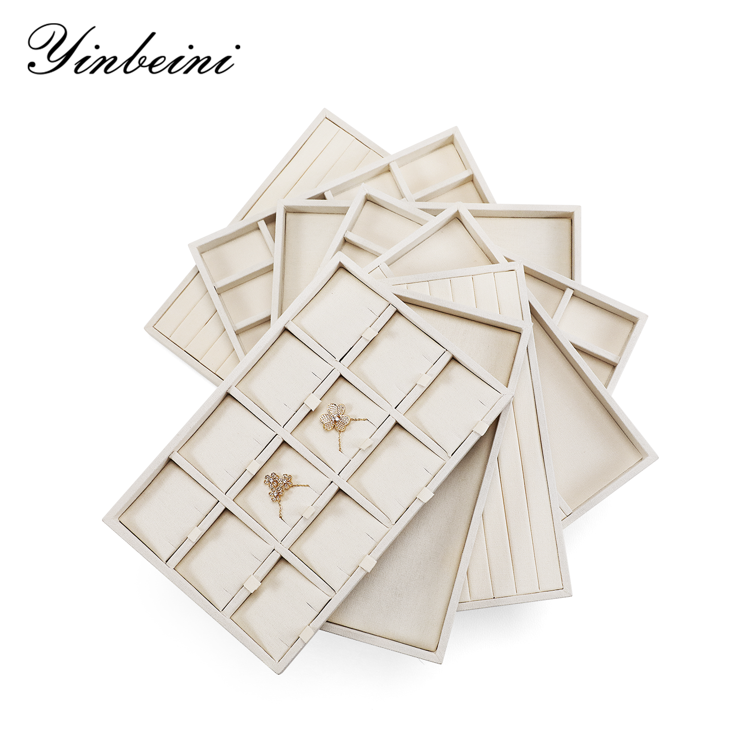 Yinbeini Linen Jewelry Display Tray Storage Organizer Rings Necklace Bracelet Showcase Plate Holder P097