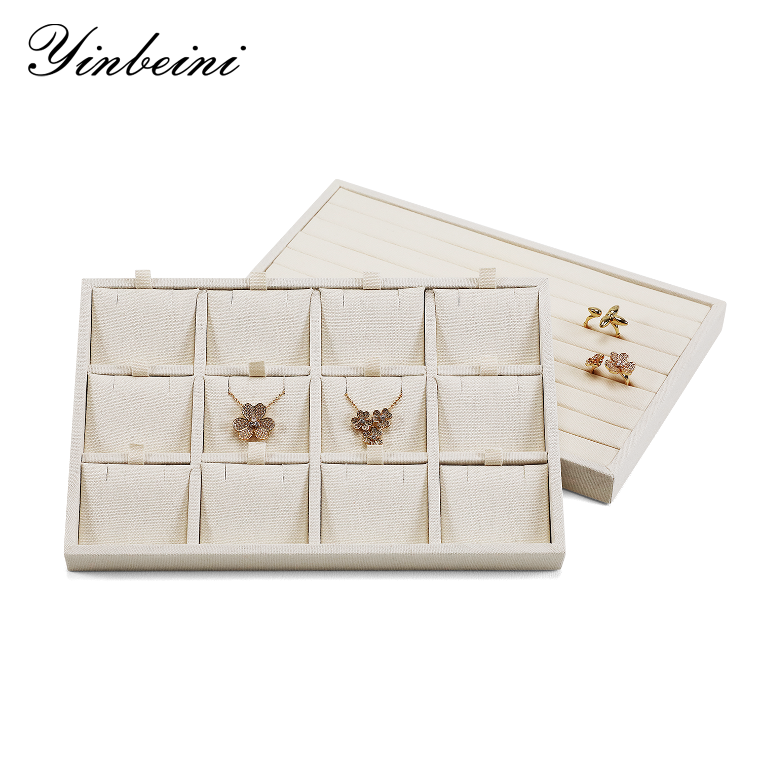Yinbeini Linen Jewelry Display Tray Storage Organizer Rings Necklace Bracelet Showcase Plate Holder P097