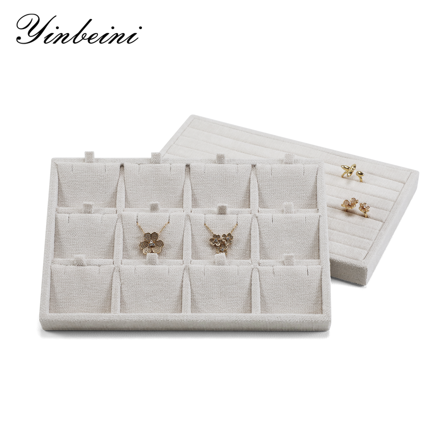 Yinbeini Cotton-Linen Jewelry Display Tray Ring Necklace Earrings Bracelet Brooches Storage Organizer Countertop Display P100