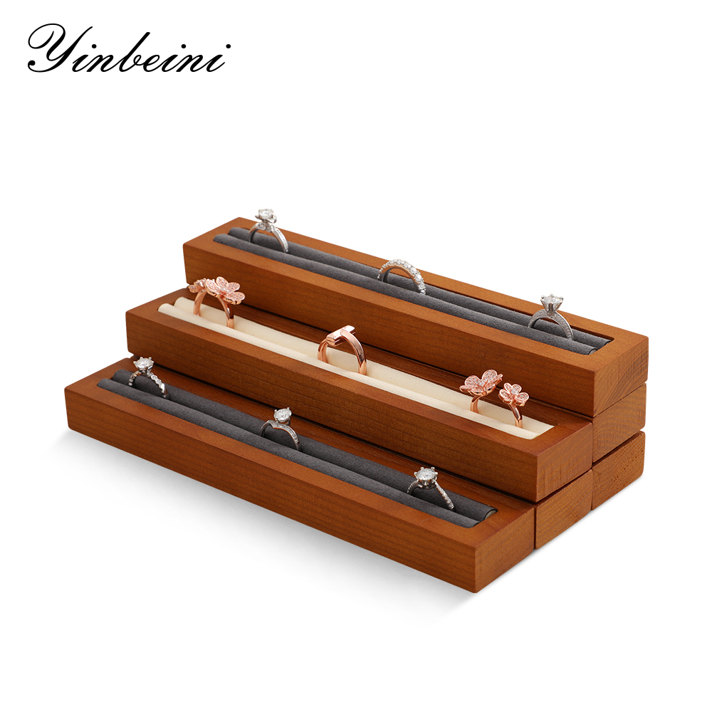 Yinbeini Solid Wooden Ring Display Tray Ring Storage Stand with Microfiber Rings Organizer jeweler counter jewelry counter