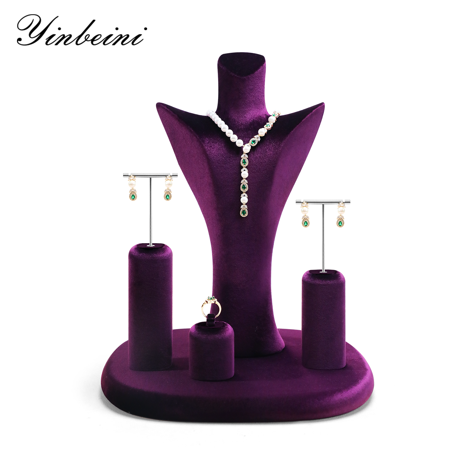 Yinbeini Aesthetic Purple Velvet Jewelry Display Stand with Multiple Holders for Complete Jewelry Sets Perfect for Bridal Boutiques and Gift Shops TB046