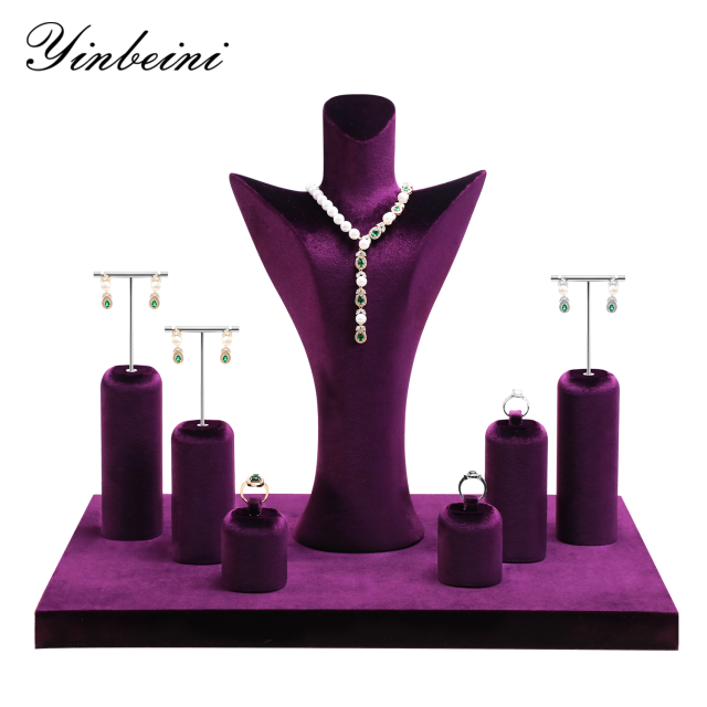 Yinbeini Aesthetic Purple Velvet Jewelry Display Stand with Multiple Holders for Complete Jewelry Sets Perfect for Bridal Boutiques and Gift Shops TB046