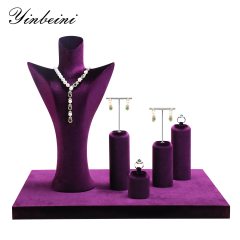 Yinbeini Aesthetic Purple Velvet Jewelry Display Stand with Multiple Holders for Complete Jewelry Sets Perfect for Bridal Boutiques and Gift Shops TB046