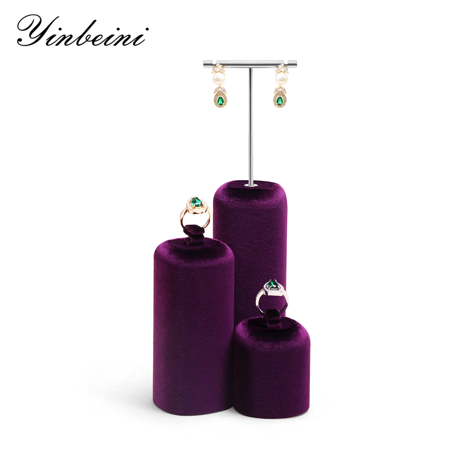 Yinbeini Aesthetic Purple Velvet Jewelry Display Stand with Multiple Holders for Complete Jewelry Sets Perfect for Bridal Boutiques and Gift Shops TB046