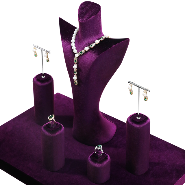 Yinbeini Aesthetic Purple Velvet Jewelry Display Stand with Multiple Holders for Complete Jewelry Sets Perfect for Bridal Boutiques and Gift Shops TB046