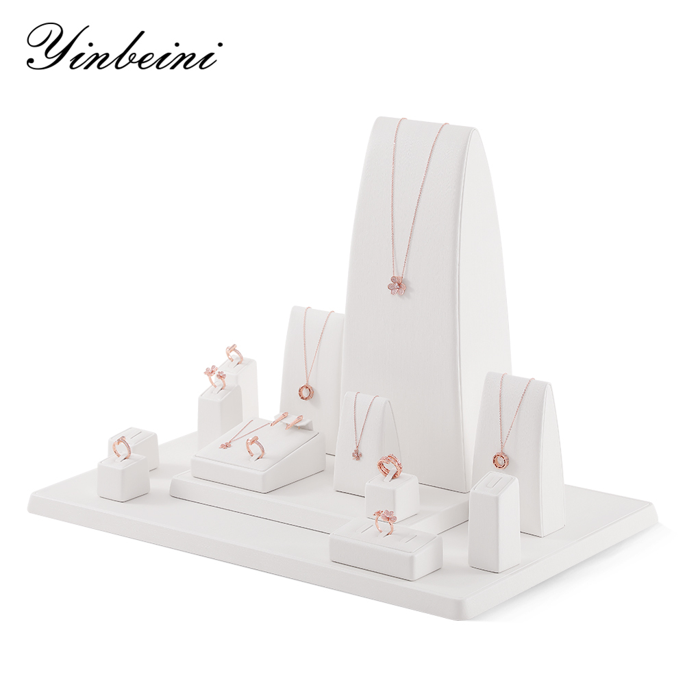 Yinbeini PU Leather Ring Necklace Earrings Storage Stand White Jewelry Display Set Pendant Organizer jeweler counter jewelry counter TT001