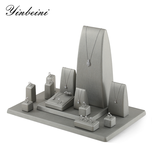 Yinbeini PU Leather Ring Necklace Earrings Storage Stand Gray  Jewelry Display Set Bangle Organizer Silver jeweler counter jewelry counter TT002