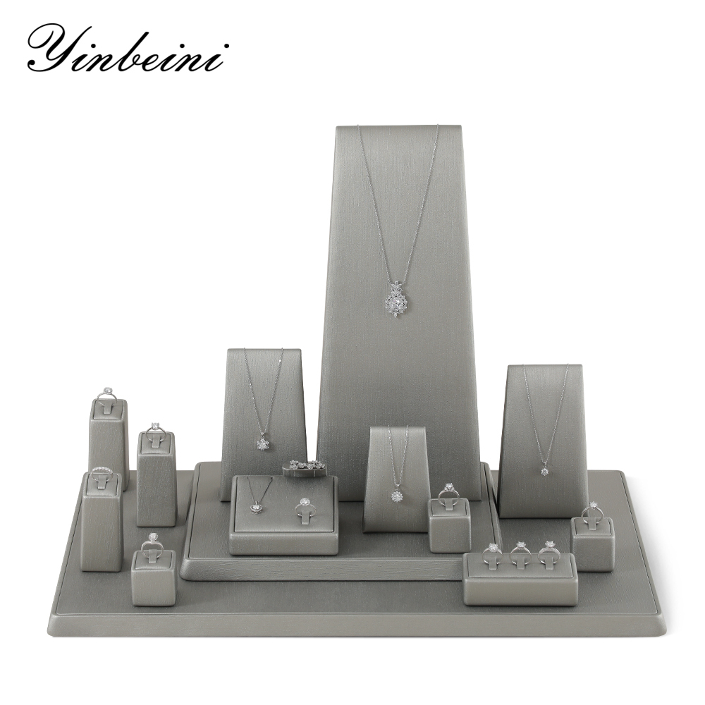 Yinbeini PU Leather Ring Necklace Earrings Storage Stand Gray  Jewelry Display Set Bangle Organizer Silver jeweler counter jewelry counter TT002