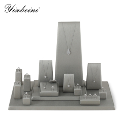 Yinbeini PU Leather Ring Necklace Earrings Storage Stand Gray  Jewelry Display Set Bangle Organizer Silver jeweler counter jewelry counter TT002