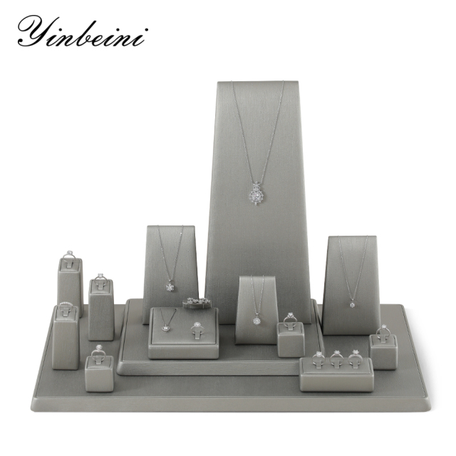 Yinbeini PU Leather Ring Necklace Earrings Storage Stand Gray  Jewelry Display Set Bangle Organizer Silver jeweler counter jewelry counter TT002