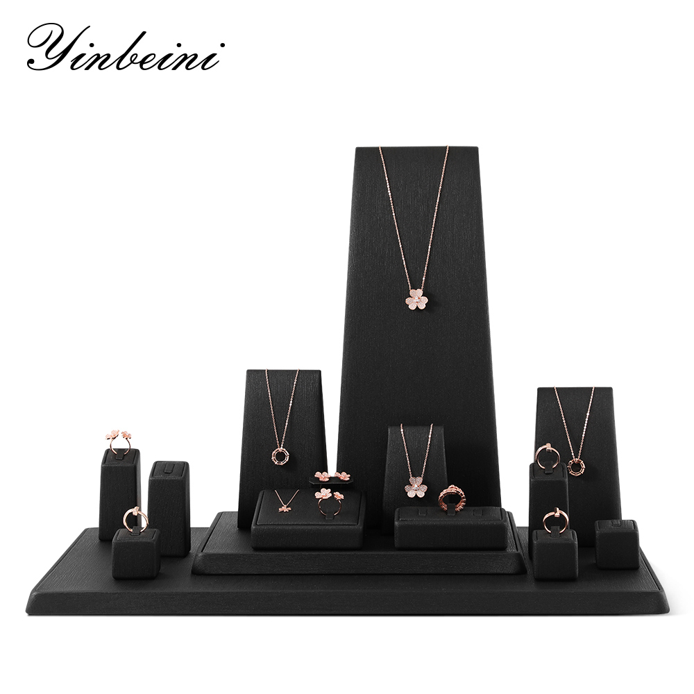 Yinbeini PU Leather Ring Necklace Earrings Storage Stand Black Jewelry Accerssories Display Set Pendant Bangle Organizer TT003