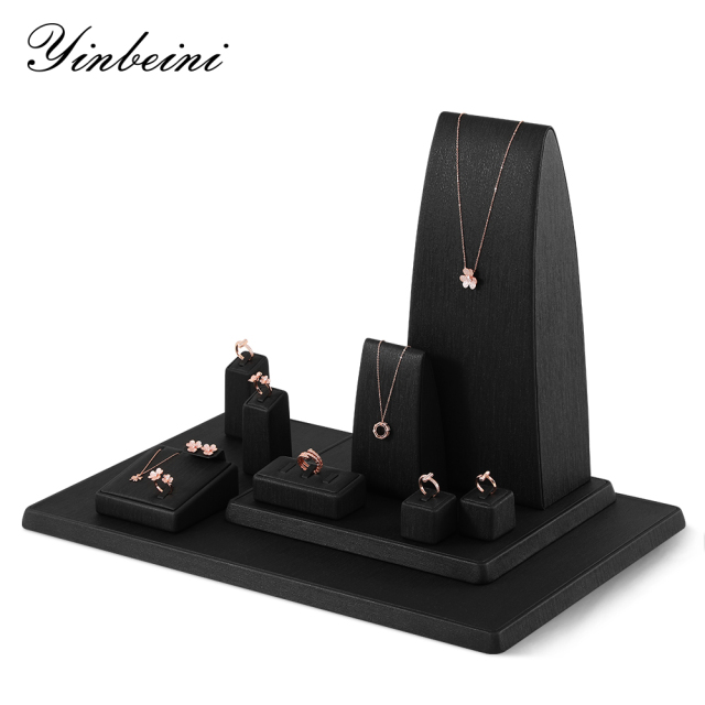 Yinbeini PU Leather Ring Necklace Earrings Storage Stand Black Jewelry Accerssories Display Set Pendant Bangle Organizer TT003