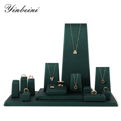Yinbeini PU Leather Ring Earrings Necklace Storage Stand Dark Green Jewelry Accerssories Display Set Bangle Pendant Organizer TT004