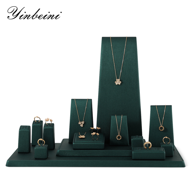 Yinbeini PU Leather Ring Earrings Necklace Storage Stand Dark Green Jewelry Accerssories Display Set Bangle Pendant Organizer TT004
