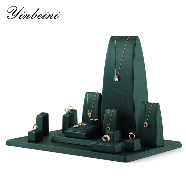 Yinbeini PU Leather Ring Earrings Necklace Storage Stand Dark Green Jewelry Accerssories Display Set Bangle Pendant Organizer TT004