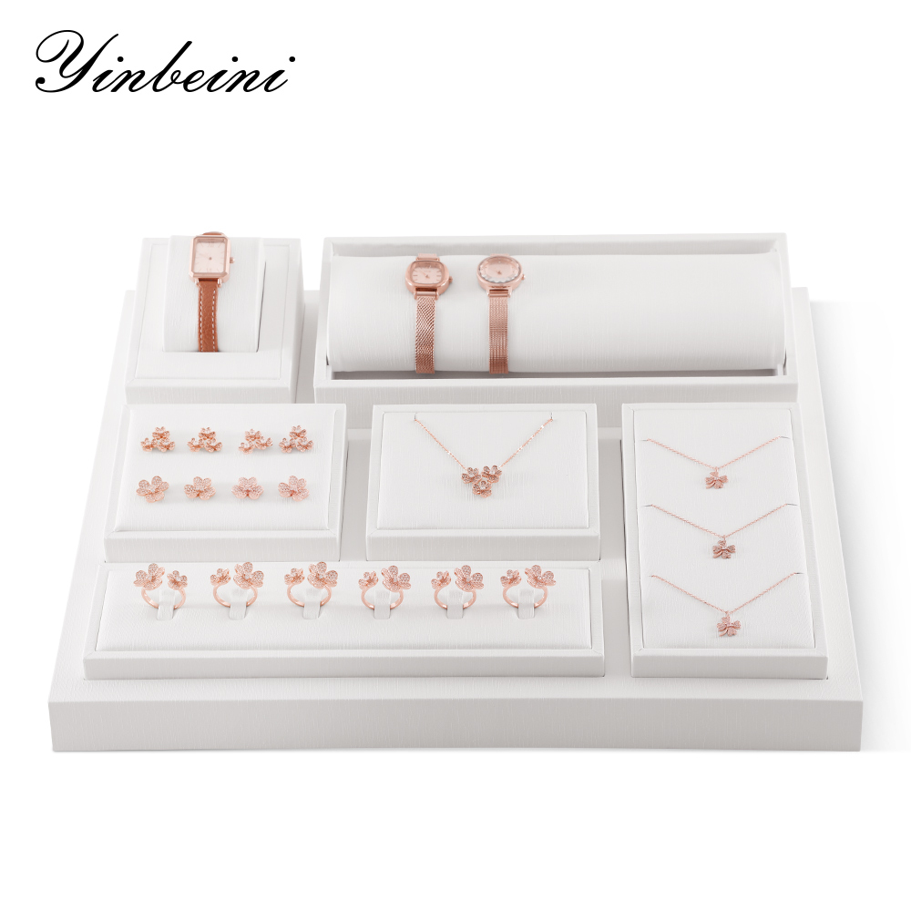 Yinbeini PU Leather Ring Necklace Earrings Bracelet Storage Stand Creamy White Jewel Display Set Watch Organizer Jeweler Counter TT005