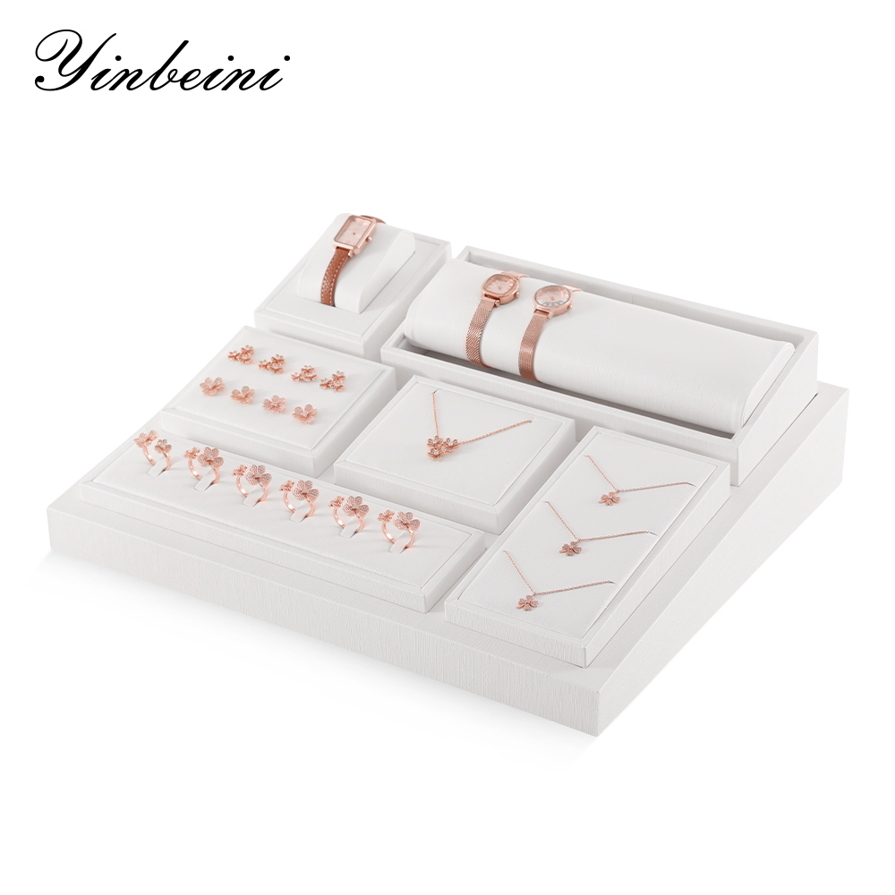 Yinbeini PU Leather Ring Necklace Earrings Bracelet Storage Stand Creamy White Jewel Display Set Watch Organizer Jeweler Counter TT005