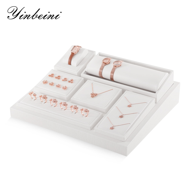 Yinbeini PU Leather Ring Necklace Earrings Bracelet Storage Stand Creamy White Jewel Display Set Watch Organizer Jeweler Counter TT005