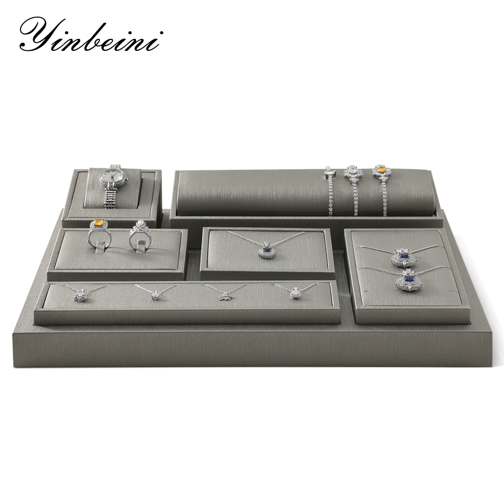 Yinbeini PU Leather Necklace Ring Earrings Bracelet Storage Stand Silver Gray Jewel Accerssories Display Set Pendant Watch Organizer jeweler counter