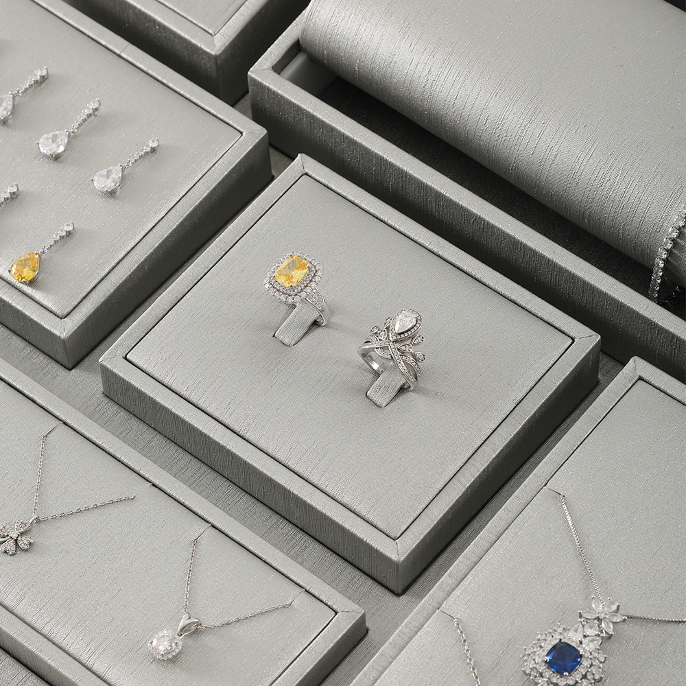 Yinbeini PU Leather Necklace Ring Earrings Bracelet Storage Stand Silver Gray Jewel Accerssories Display Set Pendant Watch Organizer jeweler counter
