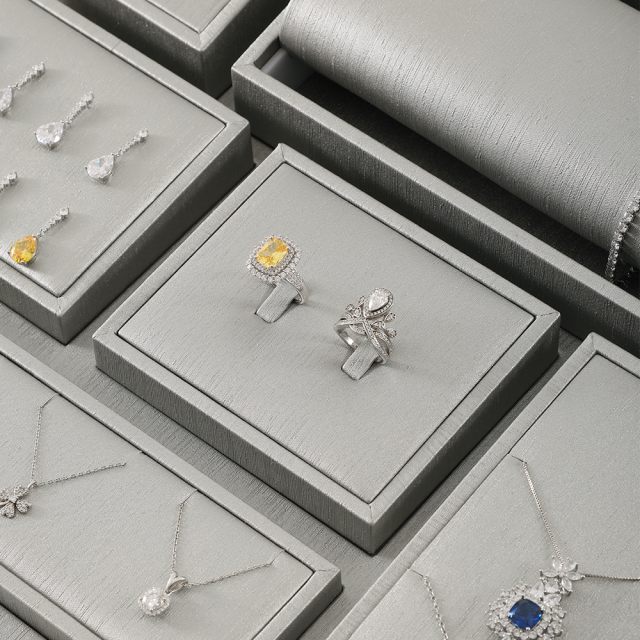 Yinbeini PU Leather Necklace Ring Earrings Bracelet Storage Stand Silver Gray Jewel Accerssories Display Set Pendant Watch Organizer jeweler counter