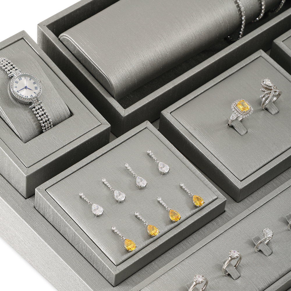 Yinbeini PU Leather Necklace Ring Earrings Bracelet Storage Stand Silver Gray Jewel Accerssories Display Set Pendant Watch Organizer jeweler counter